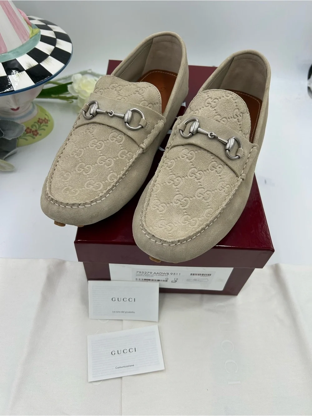 Men's Gucci GG embossed suede Driver loafers size 12 fits 13 US made in Italy